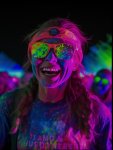 smiling runner covered in paint at a glow fest run